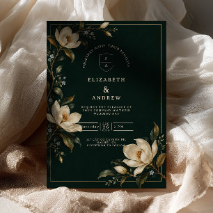 Dark Green Magnolia Wedding Invitation