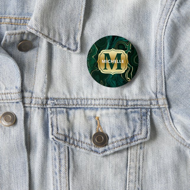 Dark Green Malachite and Gold Foil Strata Veining 6 Cm Round Badge (In Situ)