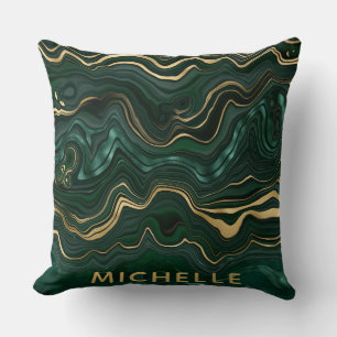 Dark Green Malachite and Gold Foil Strata Veining Cushion