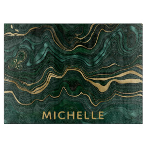 Dark Green Malachite and Gold Foil Strata Veining Cutting Board