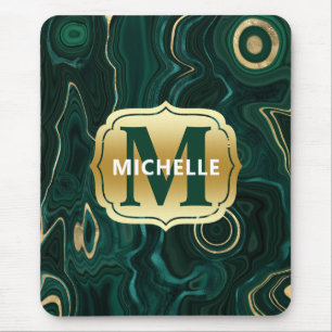 Dark Green Malachite and Gold Foil Strata Veining Mouse Pad