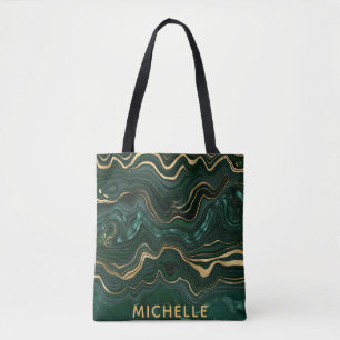 Dark Green Malachite and Gold Foil Strata Veining Tote Bag