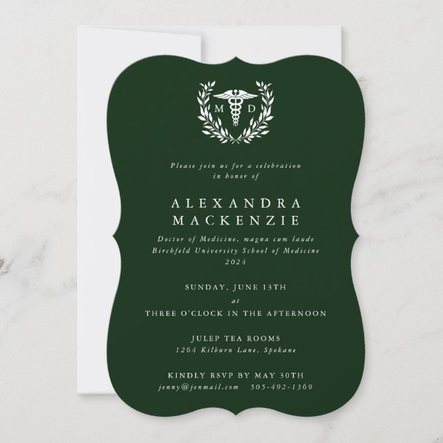 Dark Green MD Caduceus+Laurel Wreath Graduation Invitation (Front)