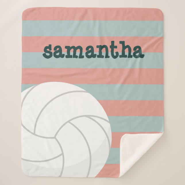 Dark Green & Melon Pink Giant Volleyball Striped Sherpa Blanket (Front)