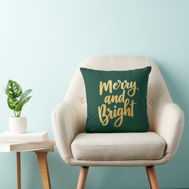 Dark Green Merry and Bright - Gold Script Decor Cushion (Chair)
