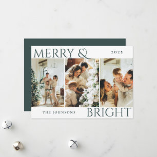 Dark Green Merry & Bright Photo Collage Christmas Holiday Card