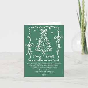 Dark Green Merry & Bright White Hand Drawn Tree Holiday Card