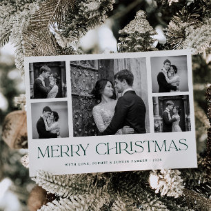 Dark Green Merry Christmas Elegant Photo Grid Holiday Card