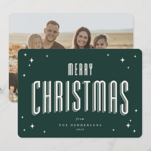 Dark Green Merry Christmas Retro Stars Flat Photo Holiday Card