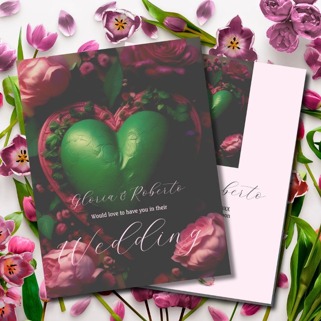 Dark Green Milagro Heart and Pink Roses Wedding Invitation (Creator Uploaded)
