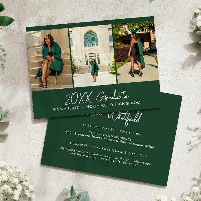 Dark Green Minimal Photo Collage Graduation Party Invitation (Creator Uploaded)