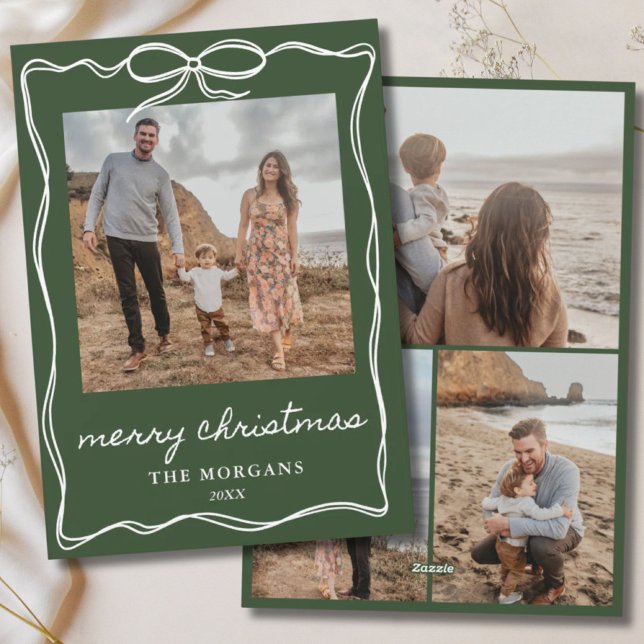 Dark Green Minimalist Bow Christmas 4 Photo Family Holiday Card (Dark Green Minimalist Bow Christmas 4 Photo Family Holiday Card
)