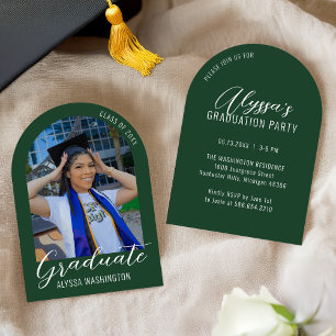 Dark Green Modern Arch Photo Graduation Party Invitation