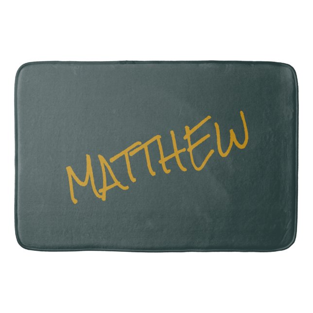 Dark green modern gold lettering script bath mat (Front)