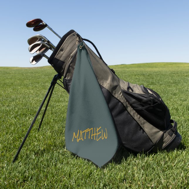 Dark green modern gold lettering script golf towel (Green)