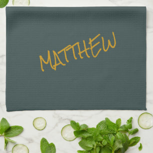 Dark green modern gold lettering script tea towel