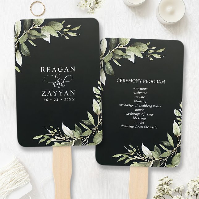 Dark Green Modern Greenery Leaves Wedding Program Hand Fan (Creator Uploaded)