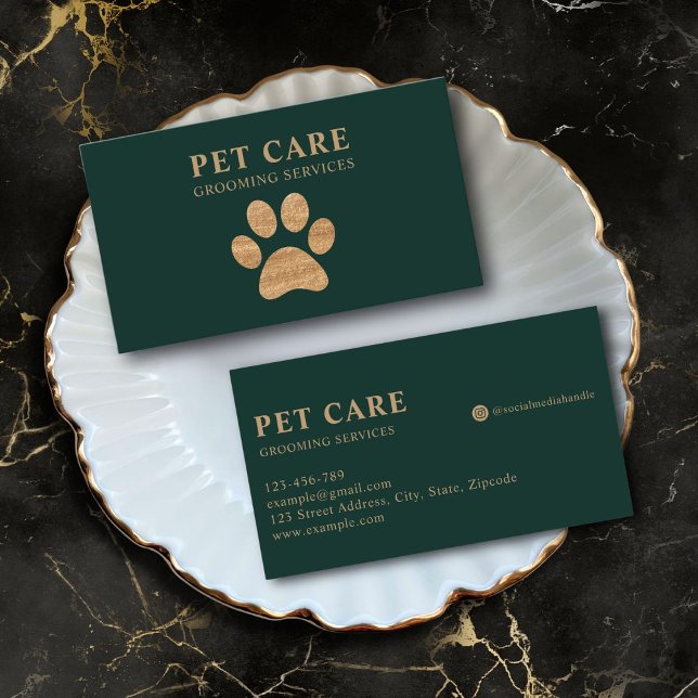 Dark Green Modern Luxury Golden Paw Pet Grooming Business Card (deep green premium modern luxury professional pet grooming service business card with gold font)