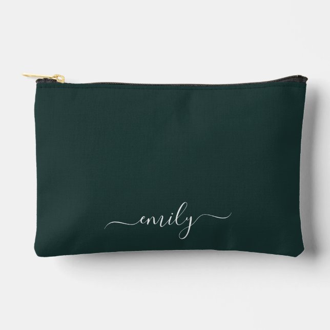 Dark Green Modern Script Monogram Name Accessory Pouch (Front)