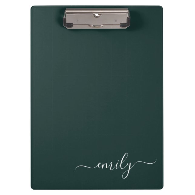 Dark Green Modern Script Monogram Name Clipboard (Front)