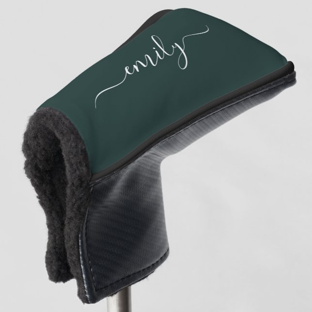 Dark Green Modern Script Monogram Name Golf Head Cover (3/4 Front)
