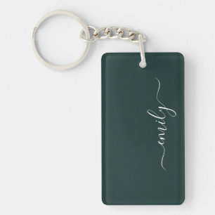 Dark Green Modern Script Monogram Name Key Ring