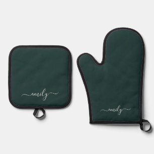 Dark Green Modern Script Monogram Name Oven Mitt & Pot Holder Set