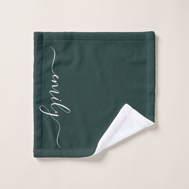 Dark Green Modern Script Monogram Name Wash Cloth (Wash Cloth)