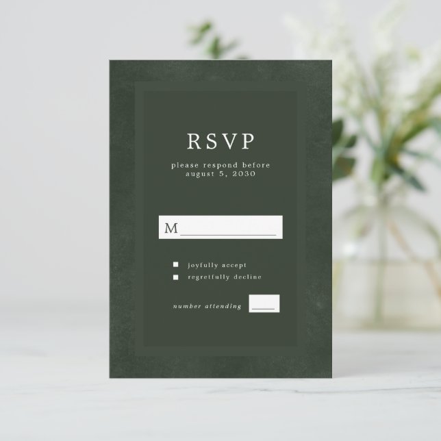 Dark green modern typography elegant wedding RSVP card (Standing Front)