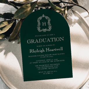 Dark Green Monogram Crest Arch Graduation Party Invitation