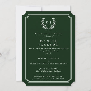 Dark Green Monogram Laurel Wreath Graduation Invitation
