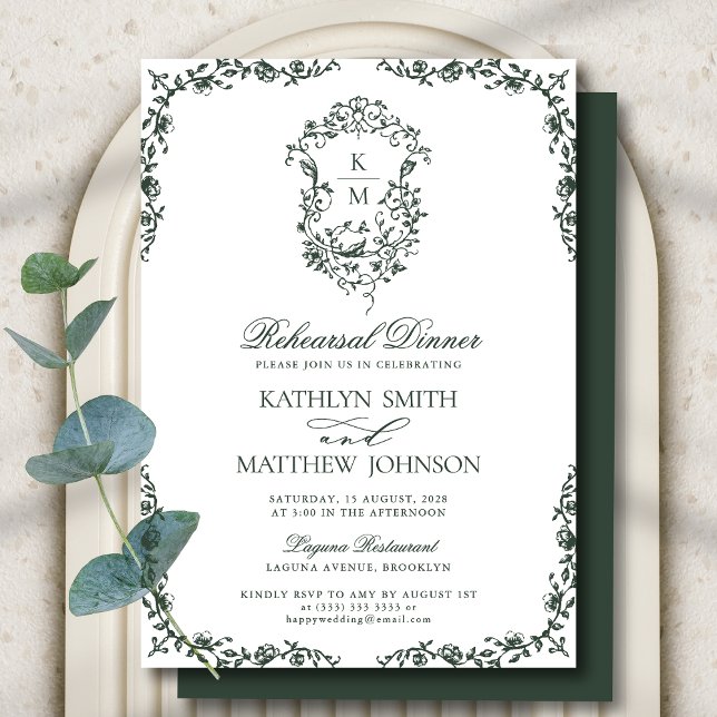 Dark Green Monogram Vintage Crest Rehearsal Dinner Invitation (Creator Uploaded)