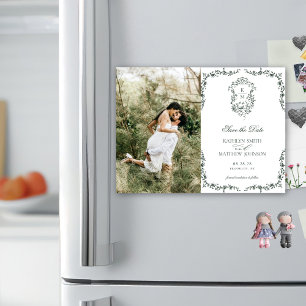 Dark Green Monogram Vintage Crest Save The Date Magnetic Invitation
