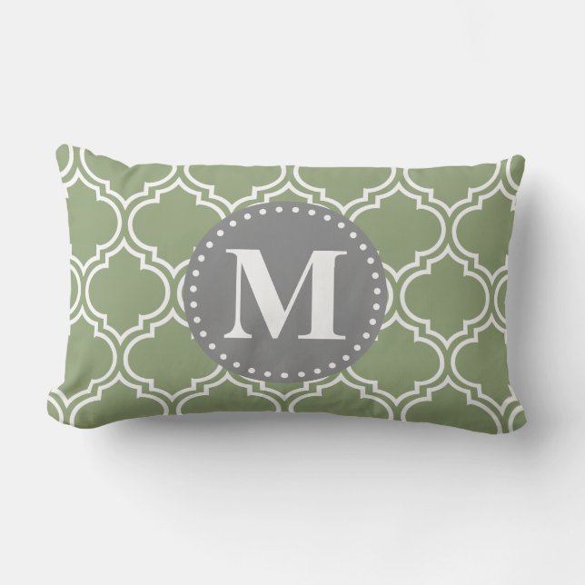 Dark Green Moroccan Lattice Pattern Monogram Lumbar Cushion (Front)