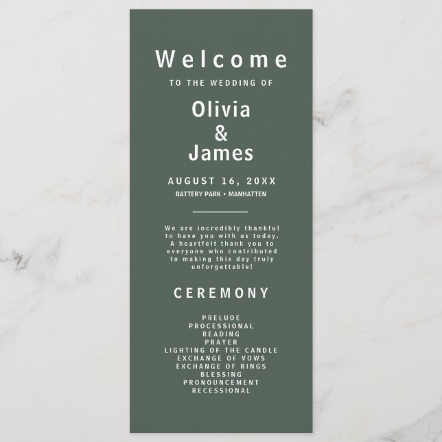 Dark Green | Moss Minimalist Scandi Modern Wedding Programme (Front)