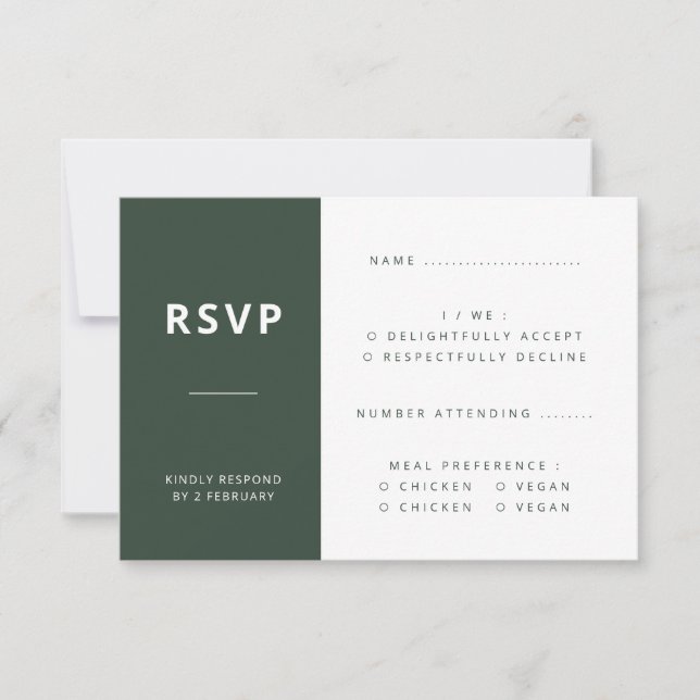 Dark Green | Moss Minimalist Scandi Modern Wedding RSVP Card (Front)