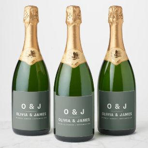 Dark Green   Moss Minimalist Scandi Modern Wedding Sparkling Wine Label