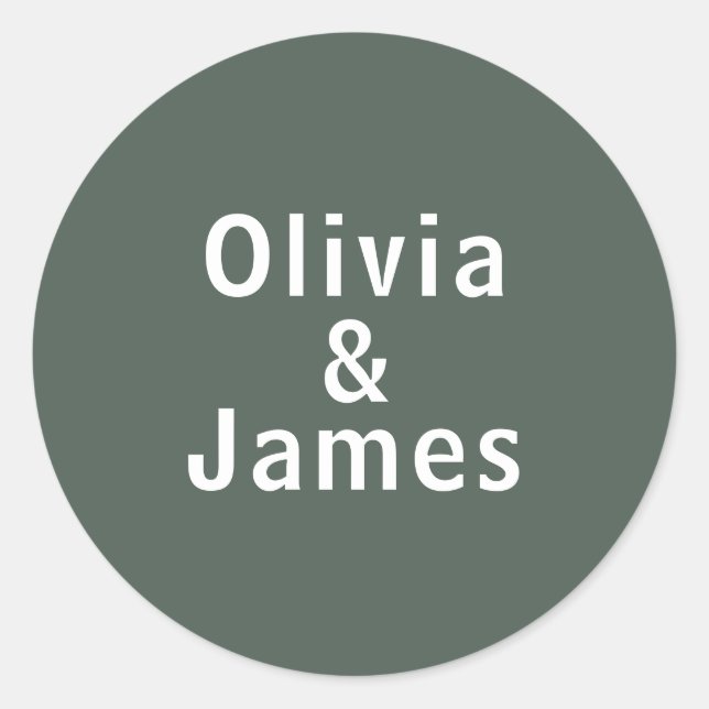 Dark Green | Moss Names Minimalist Scandi Wedding Classic Round Sticker (Front)