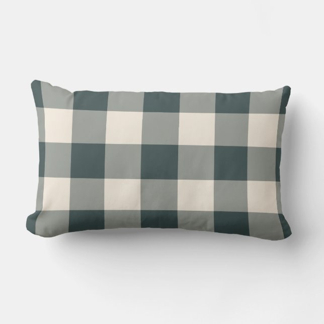 Dark Green Off-White Gingham Pattern Chequered Lumbar Cushion (Front)
