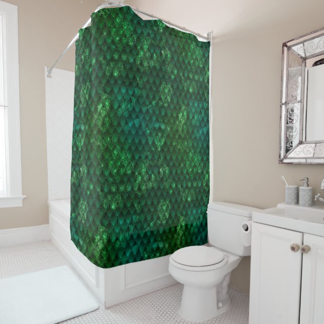 Dark Green Ombre & Sparkles Dragon Scales Shower Curtain (In Situ)