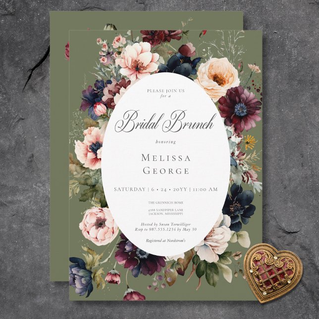 Dark Green Oval Floral Frame Bridal Brunch Invitation (Dark Green Oval Floral Frame Bridal Brunch Invitation)