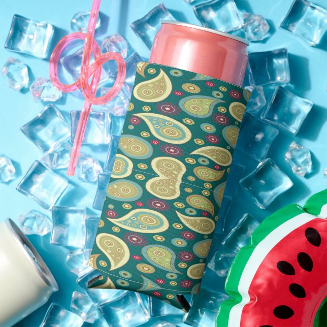 Dark green paisley pattern seltzer can cooler (In Situ Summer)