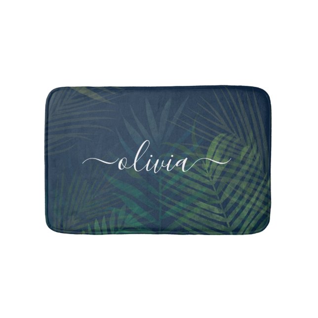 Dark green palms leaves pattern bath mat (Front)