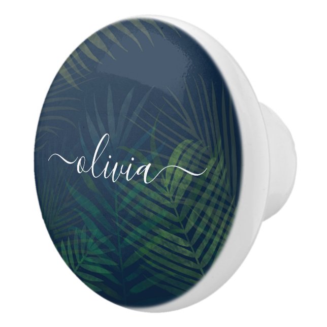 Dark green palms leaves pattern ceramic knob (Right)