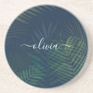 Dark green palms leaves pattern coaster
