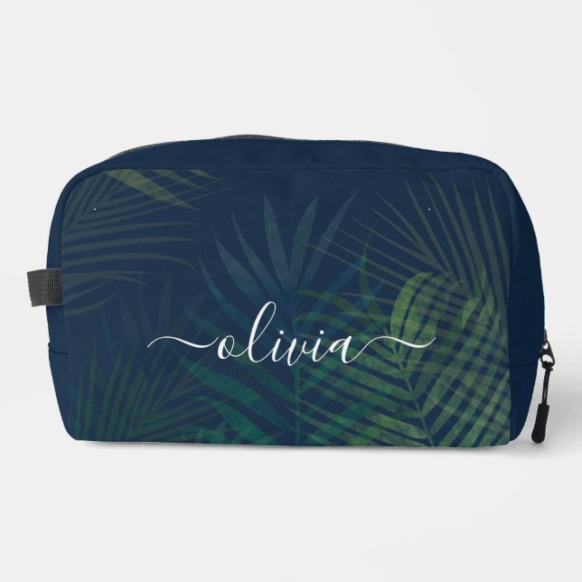 Dark green palms leaves pattern dopp kit (Front)