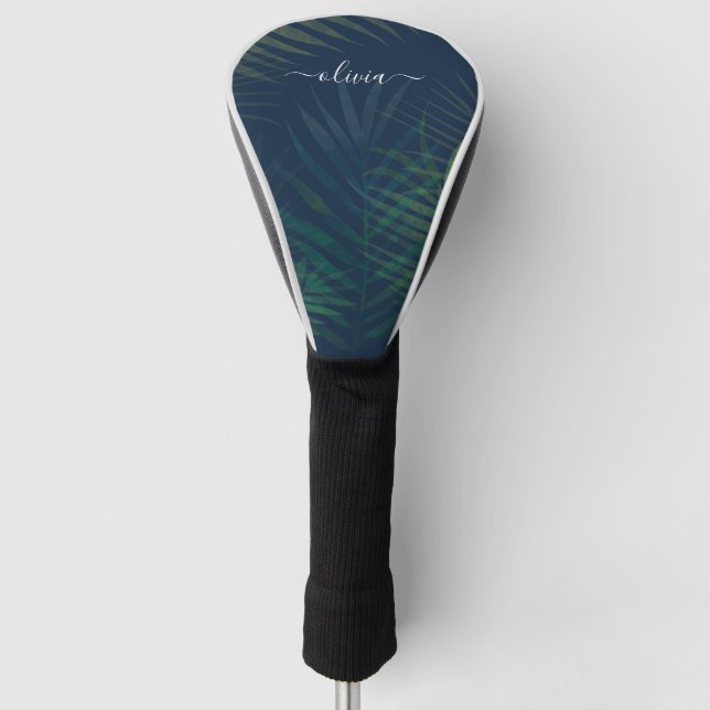 Dark green palms leaves pattern golf head cover (Front)
