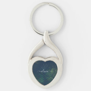 Dark green palms leaves pattern key ring
