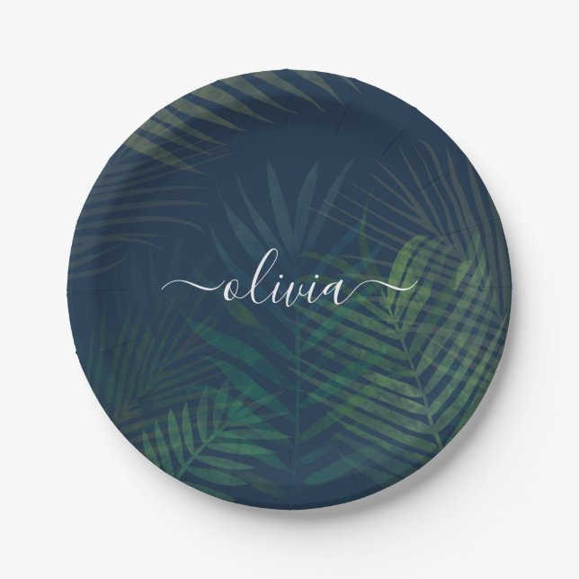 Dark green palms leaves pattern paper plate (Front)