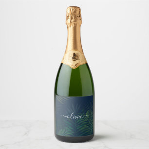 Dark green palms leaves pattern sparkling wine label